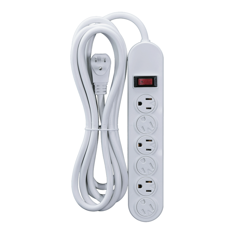 6 Outlet Power Strip, White or Black - 9 or 12 Foot Cord