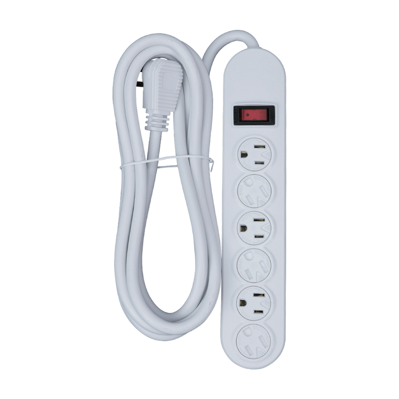 6 Outlet Power Strip, White or Black - 9 or 12 Foot Cord