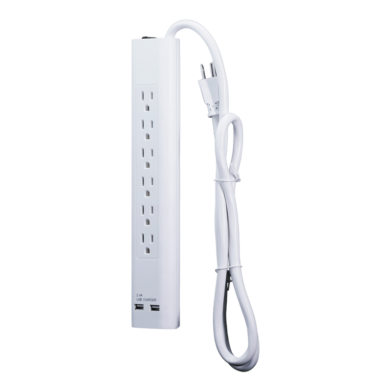 6 Outlet Surge Protector, 300-Joule, 2 USB Ports, White or Black - 4 Foot Cord